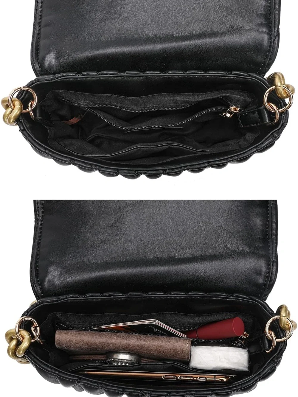 Montana West Black Quilted Leather Shoulder Bag with Gold Chain